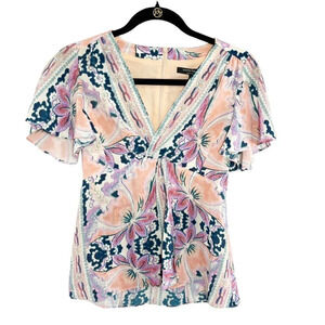 Nanette Lepore Floral Flutter Sleeve 100% Silk Blouse Women's Size 0